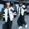 Kläder sätter flickor Kontrast Alfabetet Single-Breasted Sweat Varsity Jacket Drawstring Sweatpant Set School Kids Tracksuit Child Outfit