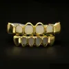 Grillz Стоматологические грили Grillz Стоматологические грили Новые 18-каратное настоящее золото с покрытием Iced Out Хип-хоп Полые зубы Верхний гриль Хэллоуин Рождественская вечеринка G Dhvgf