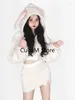 Werkjurken Wit Lolita Kawaii Tweedelige set Dames Pluizig Casual Koreaanse stijl Schattig Rokpak Top met capuchon Zoet Mini 2024 Chic