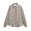 女性用女性のブラウスシャツ2024ファッションヴィンテージ幾何学的なプリントシャツ長袖トップラペルカラーフロントボタンアップレディースエレガント
