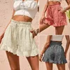 Shorts feminino casual elástico cintura alta babado estampa floral confortável verão praia calça curta com bolso