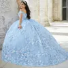 Sky Blue Ball Gown Quinceanera Dresses Sweetheart Appliques Lace Tull Elegant Off the Shoulder Train Sweet 16 Vestido De 15 Anos