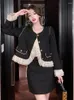 Werkjurken Mode Zwarte Tweed 2-delige outfit Dames Dames Zoete Ruche O-hals Jas Tops Jas Uitloper En Minirok Mujer Korte set