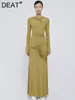 Casual klänningar DEAT Kvinnors modeklänning o-hals långärmad skarvad metallknapp Strech Design Midja Elegant Autumn 2024 13DB4092