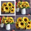 Couronnes de fleurs décoratives tournesol artificiel jaune soleil 7 têtes tournesols en soie 30 cm de long pour la maison centres de table de mariage fête E Dhhp8