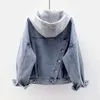 Blue Dekonstruerbar huva Turn-down-krage Denim Jacket Kvinnor Löst knapp Patchwork Outwear Jean Coat Kvinna 240127