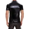 Men's Casual Shirts Plus Size Mens Shiny Patent Leather Shirt Short Sleeve Soft Shaping Tops Male Turn-down Collar Sexi