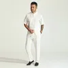 Fatos masculinos Oriental Zen Estilo Homens Camisa de Manga Curta e Calça 2 Peças Terno Conjunto Branco Preto Cinza Linho Twinset Kungfu Look Relax