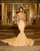 Sexy African Girls Champagne Mermaid Prom Dresses Illusion Bodice Sheer Neck Sleeveless Appliques Long Evening Party Gowns BC18161