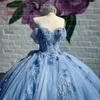 Himmelblaues glänzendes Ballkleid Quinceanera-Kleider aus der Schulter, Applikationen, Spitze, Perlen, Tüll, Korsett, süßes 16. Kleid für 15 Jahre