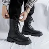 British style men fashion high knight boots laceup black trend shoes stage nightclub cowboy genuine leather long platform botas 240126