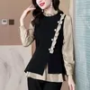 Women's Blouses Fashion Spliced Button Ruffles Fake Two Pieces Clothing 2024 Autumn Winter Elegant Tops Asymmetrical Shirts