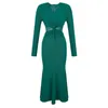 Sukienki swobodne francuskie eleganckie długie sukienki kobiety retro zielony elastyczny skręt diamentowy body callfles fishtail szata impreza bankietowa jesień