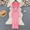 Casual Dresses Autumn Low Neck Flare Long Sleeve Slim Fit Knitted Womens Fashion Waist One Piece Dress Solid Color Sexy