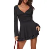 Casual Dresses Doury Women Mini Dress Long Sleeve V Neck Pleated Solid A-line Fall Cocktail