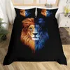 Beddengoedsets Leeuw Dieren Dekbedovertrek Bliksempatroon Jungle Wildlife Grijs Zwart Bed voor tieners Jongens Jongeman Decoratiekamer