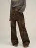 Houzhou Tan Leopard Jean Denim Pants الإناث كبير الحجم على الساق بنطلون الشارع الهيب هوب ملابس خمر فضفاضة غير رسمية 240127