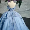 Himmelblaues glänzendes Ballkleid Quinceanera-Kleider aus der Schulter, Applikationen, Spitze, Perlen, Tüll, Korsett, süßes 16. Kleid für 15 Jahre