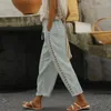 Calças femininas moda feminina casual algodão linho cintura alta vintage cordão lado oco renda larga perna calças com bolsos