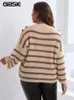 Gibsie Plus Size Drop-ramię detale ramię w paski SWEATER O-Neck Kobiety jesienne zima koreańska luźna skoczka na dzianinowa kobieta 240124