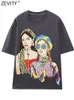 女性のTシャツZevity女性ファッションコントラストカラープリントカジュアルグレーシャツフェムシックベーシックショートスリーブストリートウェアトップT3913