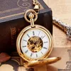 Pocket Watches Luxury Sliver Mechanical Watch Men Women Clock Skeleton Dial Flip Golden Color Double Dual Case Copper FOB Chain