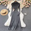 Casual Dresses Autumn and Winter Fashionable High-Neck Solid Color Long-Sleeved Dress High-midig Slim Bottoming Sticked Long kjol trendig