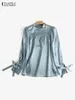 Bluzki damskie Zanzea Kobiet luksus elegancki satynowy jedwabny koreański stojak na stojak na stojak z długim rękawem plisowane koszule wiosna 2024 Casual Blusas