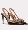 Sommer Luxus Marke Nieten Schleife Slingback Sandalen Schuhe Nude Schwarz Lackleder Spitz Pumps Dame High Heels Tägliches Gehen EU35-43