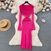 Casual klänningar Autumn Low Neck Flare Lång ärm Slim Fit Sticke Womens Fashion Midjan One Piece Dress Solid Color Sexy