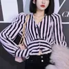 Spring Autumn Vneck Striped Printed Waist Plush Shirt Lady Puff Long Sleeve Casual Fashion Top Women Slim Allmatch Coat Jacket 240202