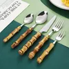 Platthülle Sets 1 Set -Tabellengeschirr Bambushandle Edelstahl -Tischgeschirr Steak Fork Löffel