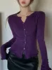 Tight Button Cardigan Purple Knitted Sweater Women Winter In Elegant Coat 2000s Clothes 240123