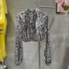 Женские блузки с воротником-фонариком, короткий пуловер, топ с леопардовым узором, модная женская рубашка