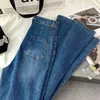 Chique bolso streetwear flare jeans simples cintura alta magro denim calças primavera outono solto calças retas mulher vaqueros 240201