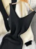 ワークドレス女性秋のドレスセット厚い模倣ミンクVネックショートセータージャケットツーピース汎用性のあるスリムニットストラップD5348