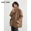 CHIC VEN Damenjacken, dick, warm, solide Wildleder, Wendejacke, Motorrad-Außenmantel, lockerer weiblicher Mantel, Winter und Herbst, 240122