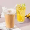 Vingglasögon Vertikal randig transparent värmebeständig glas halmkopp unikt mjölkkaffe med lock mocka hushåll köksmaterial