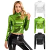 Womens Metallic Long Sleeve T-Shirt Fashion Shiny Top Slim Fit Mock Neck Tops Cocktail Dancing Party Club Music Festival Costume 240122