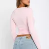 Hirigin Women Summer Slim Slim Cropped Tops Solid Color Tshirt Long Sleeve Round Neck Show Navel Base Tシャツブラウスストリートウェア240130