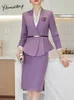 Yitimuceng Purple 2 Piece Set for Women Fashion Office Ladies Folds Slim Long Sleeve V Neck Blazers Casual kjoldräkter 240202
