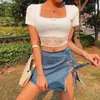 Women's T Shirts Summer Short Sleeve T-shirt Black White Square Neck Top Slim Body Streetwear Lace Stitching 2024 Cute Woman Sexy Crop Tops