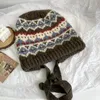 Японская ретро термошапка с ушками, модная зимняя шапка в этническом стиле, жаккардовая вязаная шапка ручной работы, пуловер, шапка-бини для женщин, капот 240122