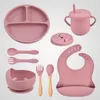 9st Silicone Baby Feeding Table Set Sug Bowl Divided Plate Spoon Fork Bibbs Cup Nonslip Children Dinner Dishes 240131