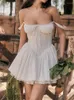 Casual jurken Weekeep elegante witte gestikte A-lijn jurk Vintage vierkante kraag mouwloos zomerfeest voor dames Y2K vakantie-outfits