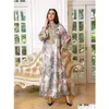 Ethnic Clothing 2024 Spring Modest Floral Printed Arabian Dubai Dresses Middle Eastern Women Muslim Robe Long Sleeve Lace Applique Eve Ot8Bw