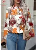 Women's Blouses Fashion Women Digital Print Blouse Shrinkage Design Button Decor O-Neck Long Sleeve Autumn Loose Pullovers Top