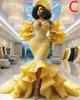 2024 Aso Ebi Giallo Sirena Abito da ballo in pizzo Strati in rilievo Sera sexy Festa formale Secondo ricevimento Compleanno Abiti di fidanzamento Abiti Robe De Soiree ZJ102