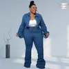 Denim Plus Size Sets Women 2 Piece Set Puff Long Sleeve Jacket Stretch Stacked Jeans Fall Winter Clothes Wholesale Drop 240130