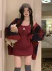 Arbeitskleider koreanischer Stil Designer 2 -teiliges Set Frauen Plaid Strickmantel Kaninchen -Printkleid Anzug weibliche elegante süße Party Mini -Sets